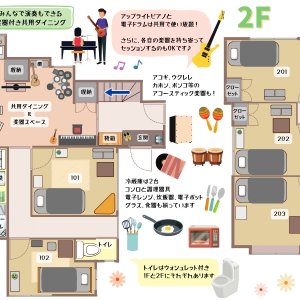 101号室から203号室までの5部屋とリビング・ダイニングの間取り図です。