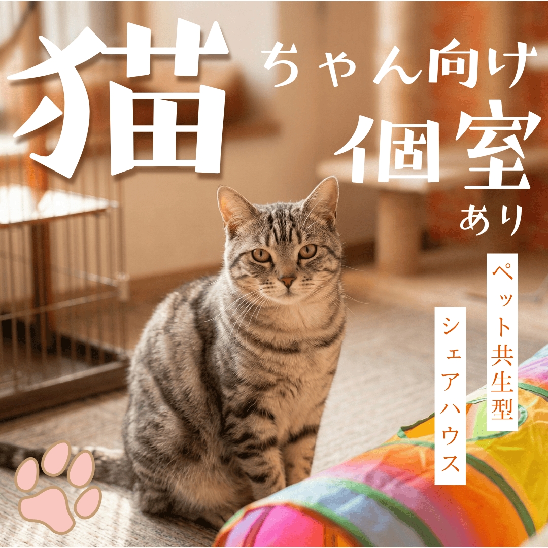 猫ちゃんオーナーの入居者様には、キャットタワーや猫用ゲージ等の貸し出しをいたします🐱

やんちゃな猫ちゃんでも安心な、脱走防止柵付きの猫ちゃん専用個室もご用意！

お庭と直結のワンちゃん向け個室もあり！人工木デッキのあるお庭には、お散歩後の足洗いやペットトイレのお掃除にも便利なペット用温水シャワーが共有設備としてご利用いただけます。

動物好きの方のみのご入居も大歓迎です🐾
※ペットなしの場合、共益費を抑えてリーズナブルにお住まいいただけます
