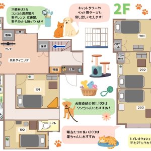 しっぽテラス横須賀の間取り図です。
キャットタワーやペット用ゲージは貸し出しいたします。
201号室はリモートワークにもおすすめのデスク&チェア完備。
101号室と102号室はお庭直結の窓があるので、おさんぽ好きのワンちゃんにおすすめです。
203号室は日当たりの良い出窓があるので、お昼寝好きの猫ちゃんにおすすめです。